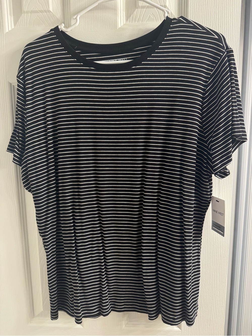 Nine West Black and White Striped Short Sleeve Tee
